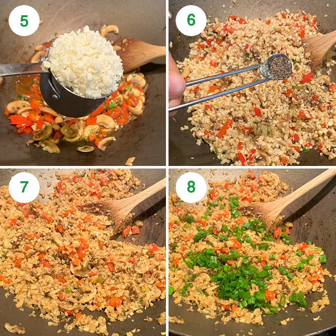 step by step picture collage of making mushroom cauliflower fried rice