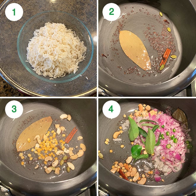 step by step picture collage of making tomato rice