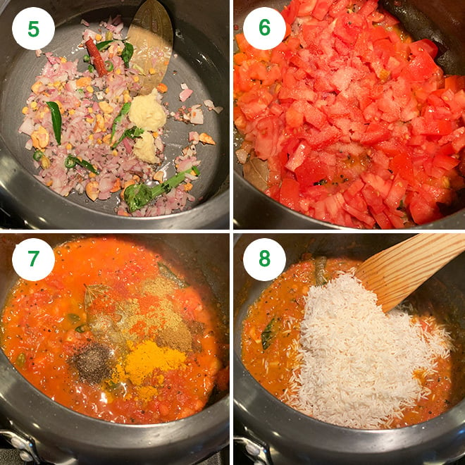 step by step picture collage of making tomato rice