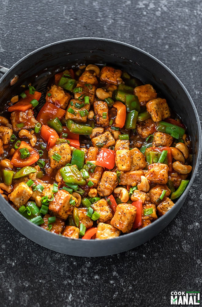 honey cashew tofu in a non-stick pan