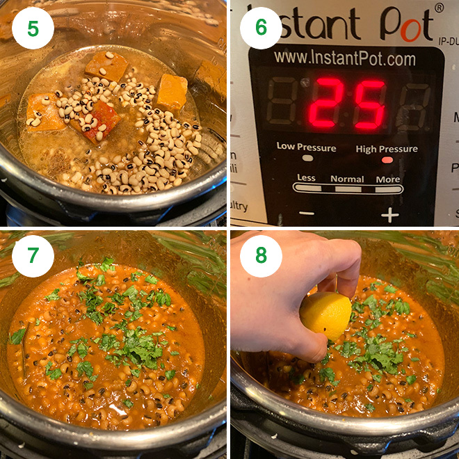 step by step pictures of making instant pot black eyed pea curry