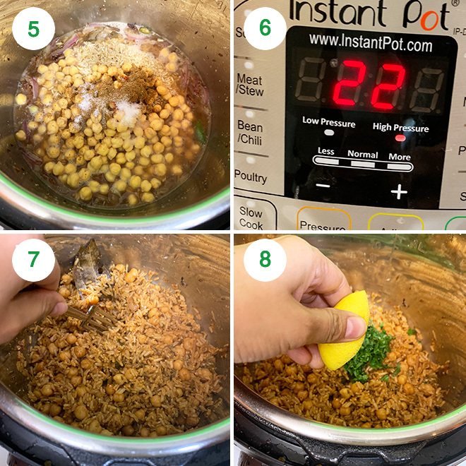 step by step pictures of making brown rice chana pulao in the instant pot