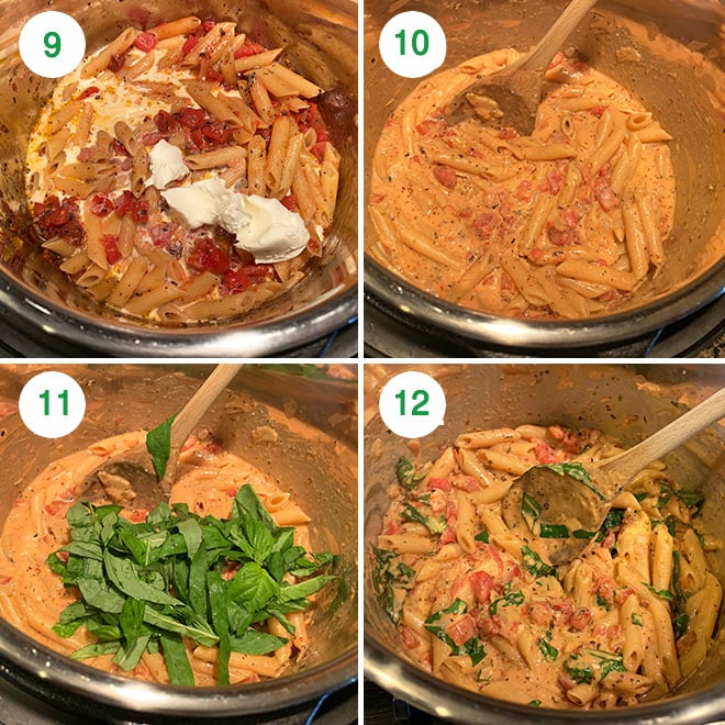 step by step picture collage of making creamy tomato basil pasta in the instant pot