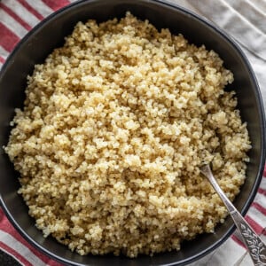 quinoa cooked in instant pot served in a black bowl with a spoon