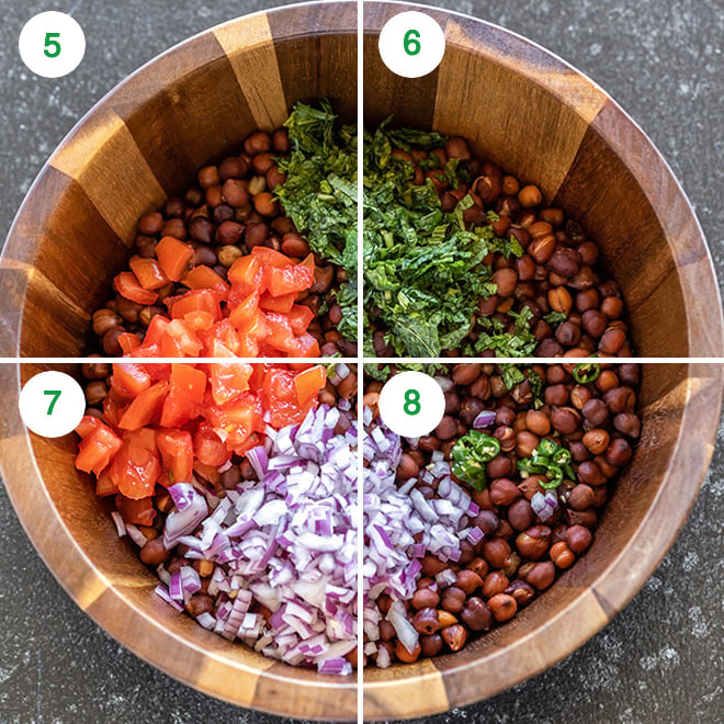 black chickpeas with chopped onion, tomato & cilantro in a wooden bowl