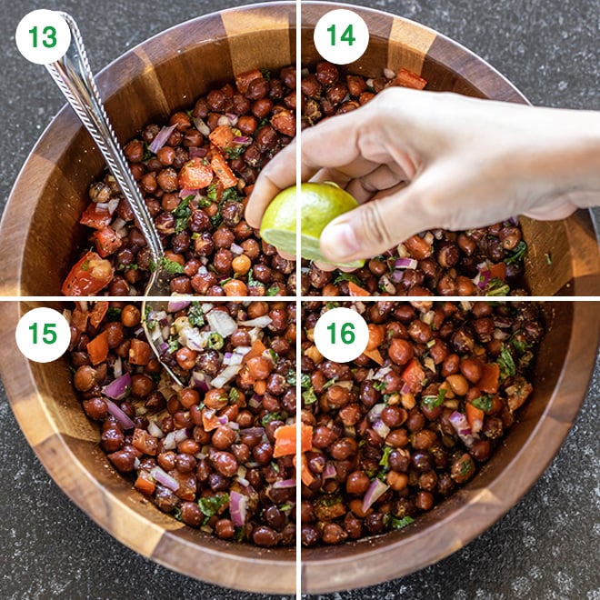 lemon juice being squeezed into a bowl of kala chana chaat