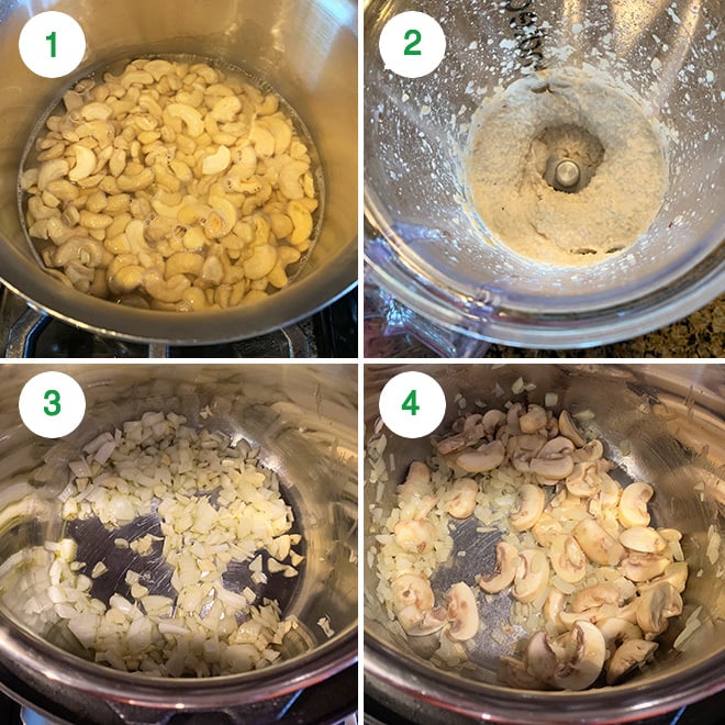 picture collage of making vegan mushroom white lasagna soup