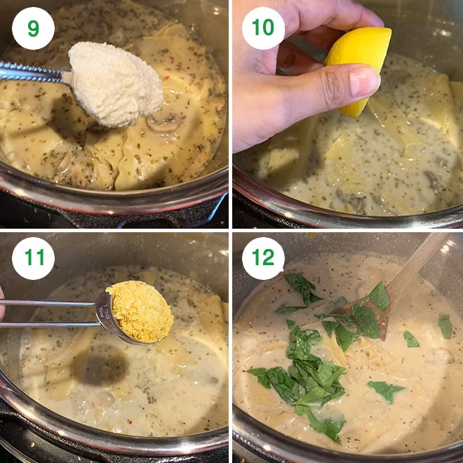 picture collage of making vegan mushroom white lasagna soup