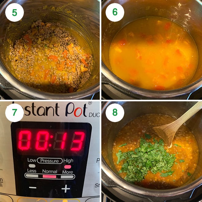 picture collage of whole masoor dal being cooked in the instant pot