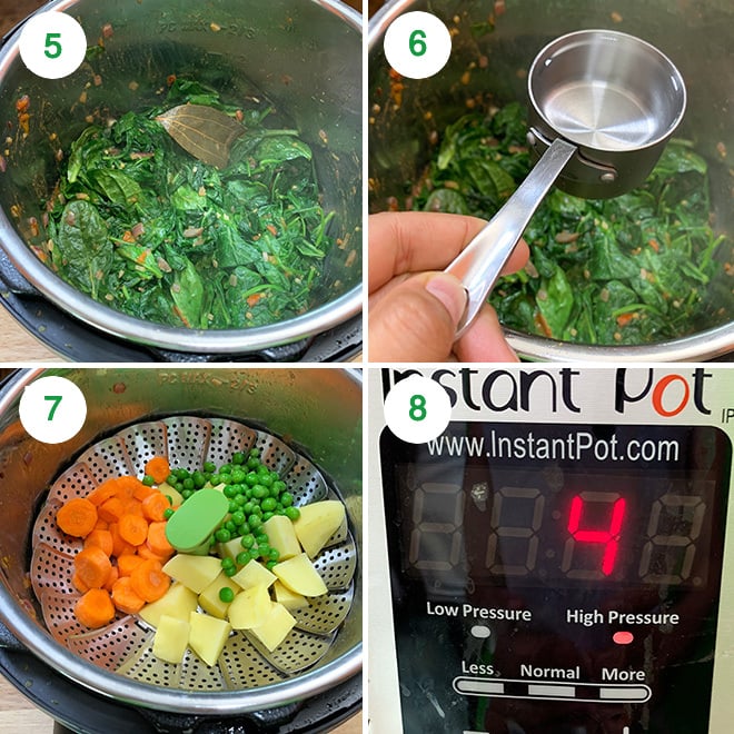 step by step recipe collage of making mixed vegetable spinach curry in instant pot