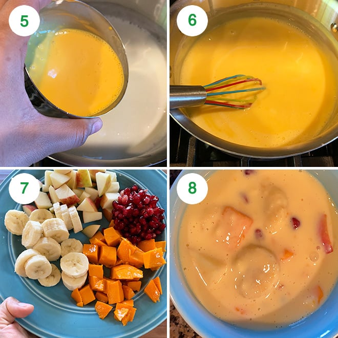 step by step picture collage of making fruit custard