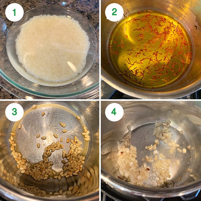 picture collage of making saffron rice in instant pot