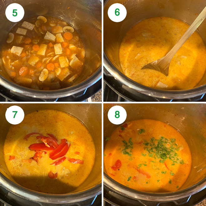 step by step picture collage of making instant pot vegan thai curry soup