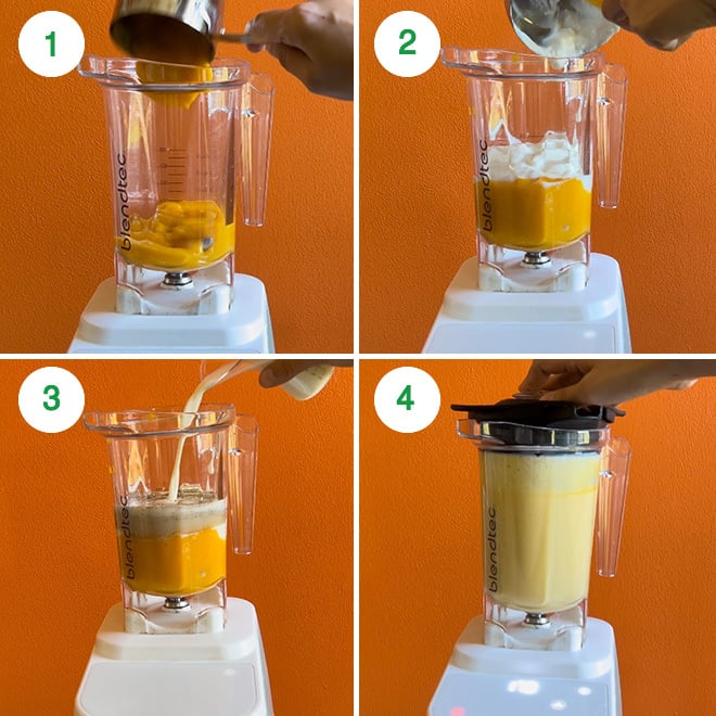 step by step picture collage of making mango lassi at home