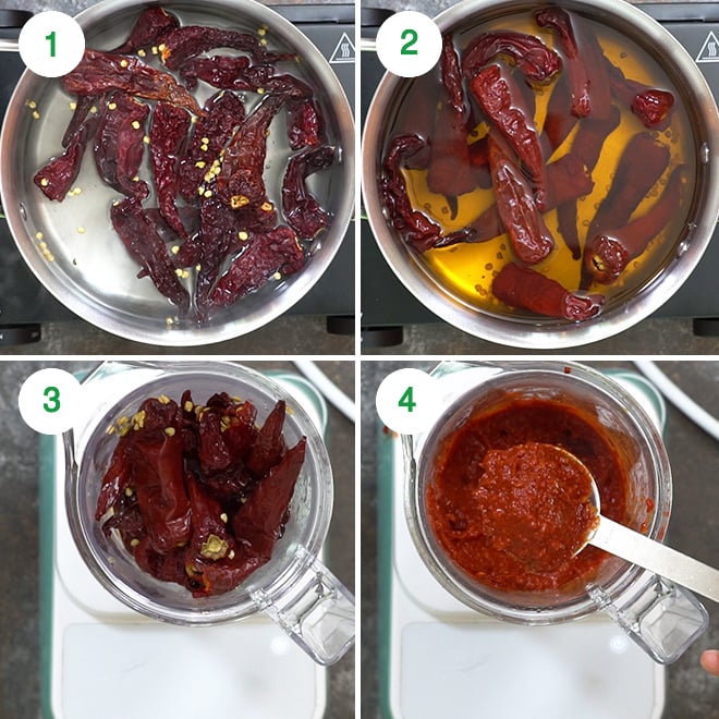 step by step picture collage of making schezwan sauce at home