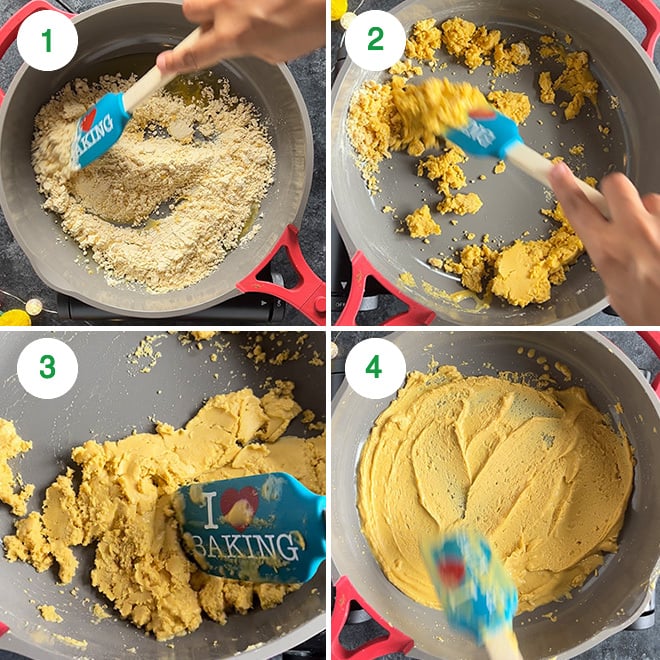 step by step picture collage of making besan ladoo