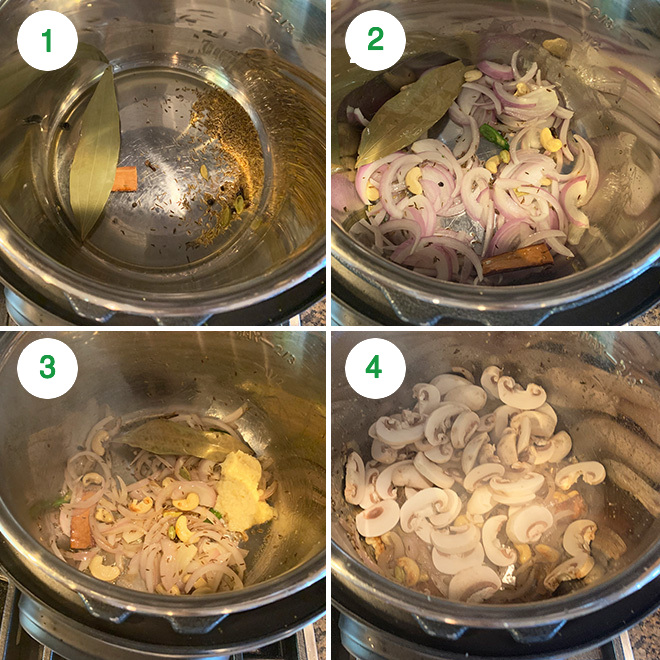 step by step picture of making mushroom biryani in instant pot