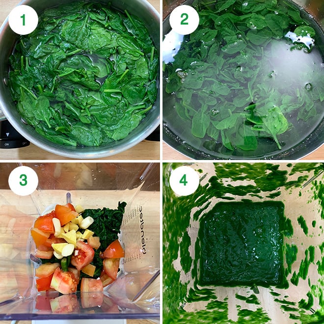 step by step picture collage of making palak paneer at home