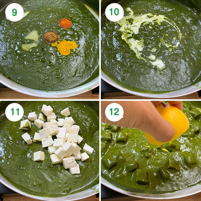 step by step picture collage of making palak paneer at home