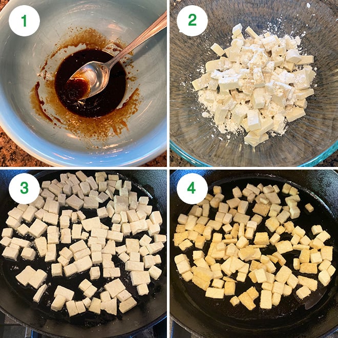 step by step picture collage of making thai basil tofu stir-fry