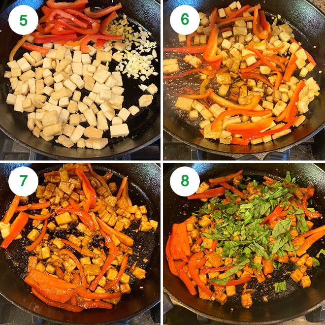 step by step picture collage of making thai basil tofu stir-fry