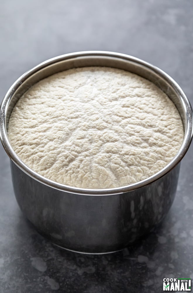 idli dosa batter in the steel pot of the instant pot