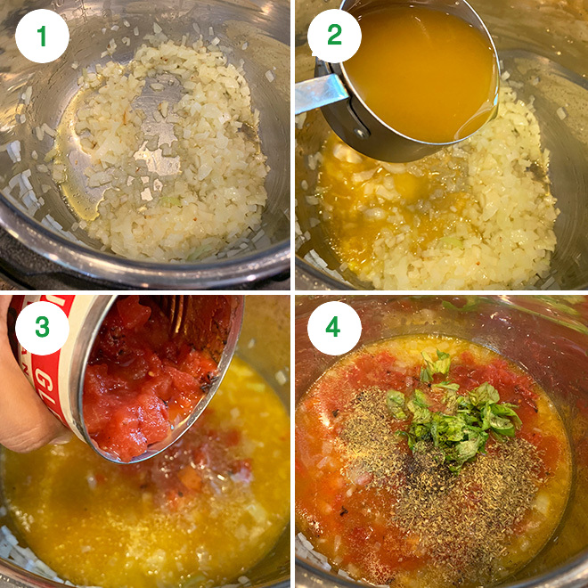 step by step picture collage of making tomato gnocchi soup in the instant pot