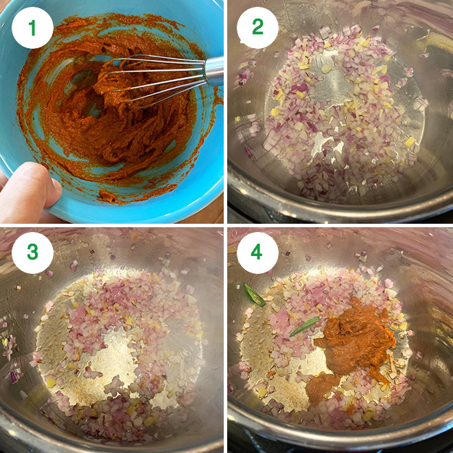 step by step picture collage of making vegan panang curry in the instant pot