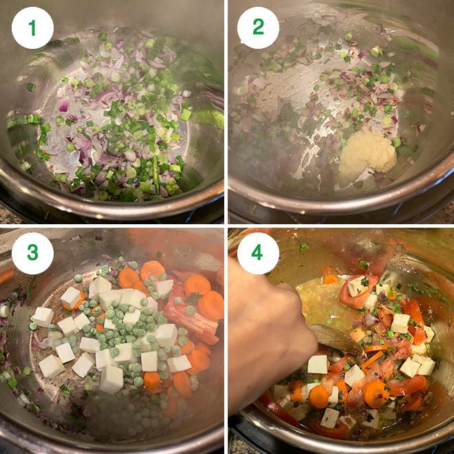 step by step picture collage of making vegetable jalfrezi in instant pot