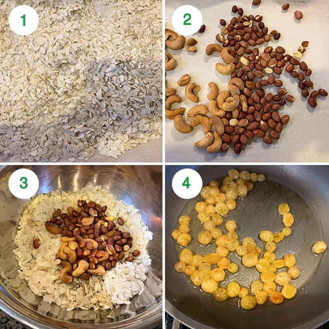 step by step picture collage of making roasted poha chivda