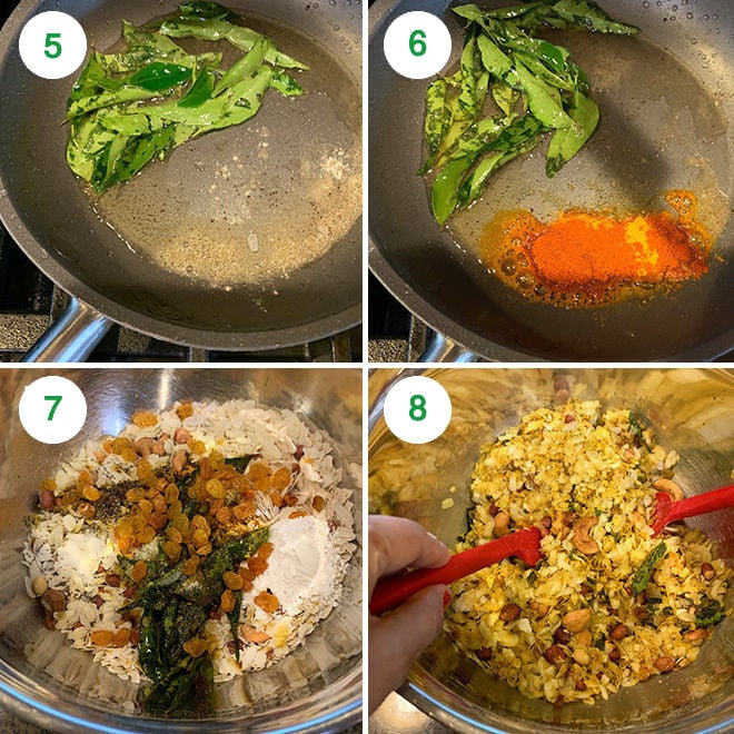 step by step picture collage of making roasted poha chivda