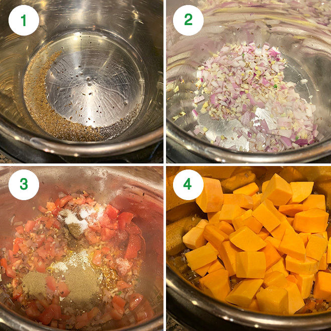step by step picture collage of making butternut squash bharta