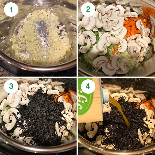 step by step picture collage of making mushroom wild rice soup in instant pot