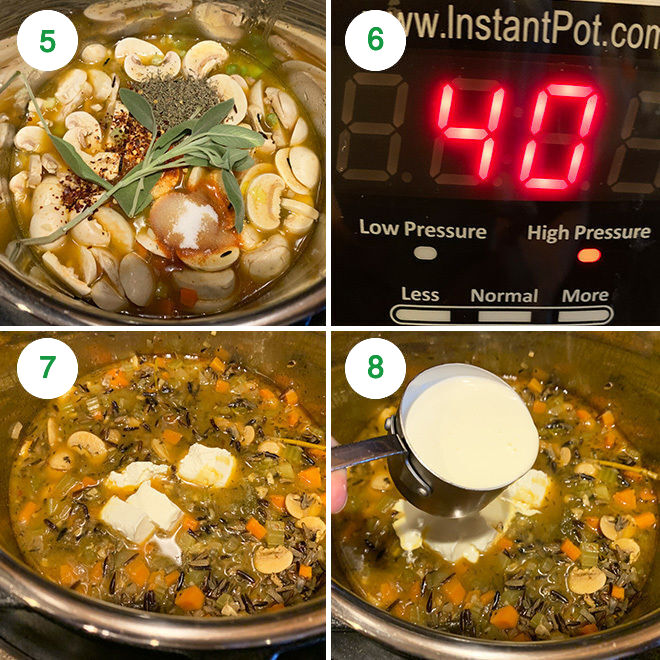 step by step picture collage of making mushroom wild rice soup in instant pot