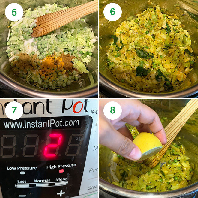 step by step picture collage of making a cabbage peas stir fry in instant pot
