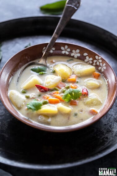 vegetable coconut stew in a serving bowl with a spoon