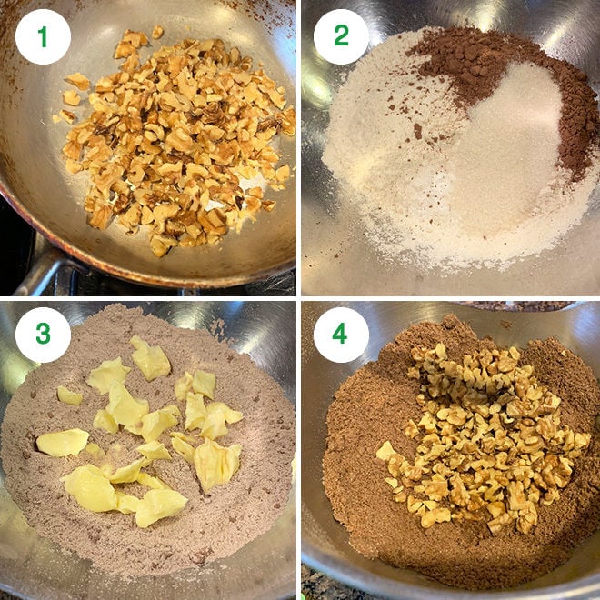 step by step picture collage of making chocolate walnut cookies
