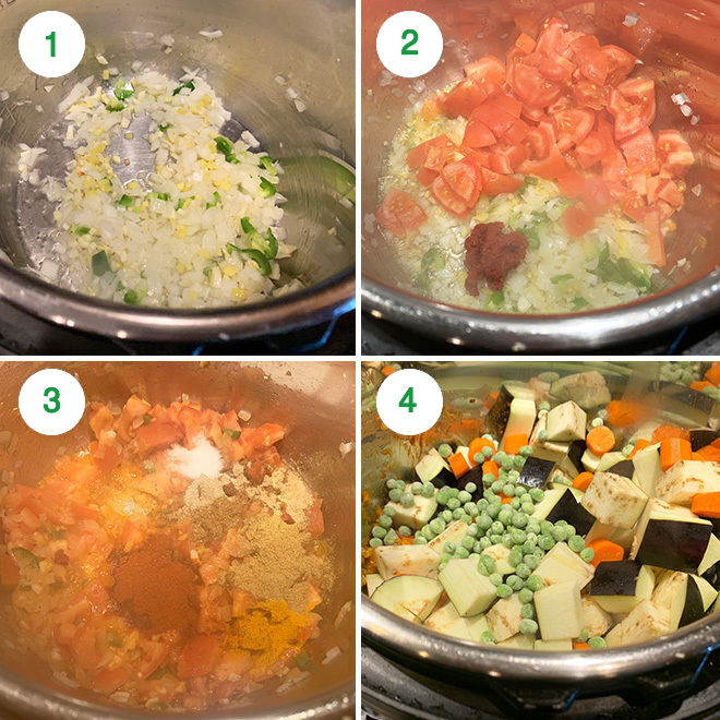 step by step picture collage of making eggplant carrot curry in instant pot