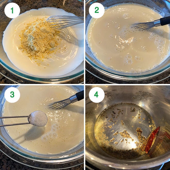 step by step picture collage of making gujarati kadhi