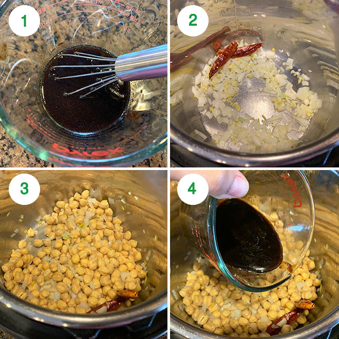 step by step picture collage of making kung pao chickpeas in instant pot