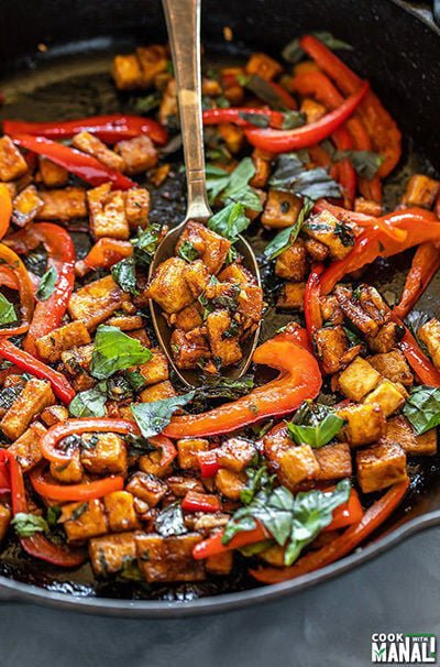 tofu stir-fry in a cast iron skillet