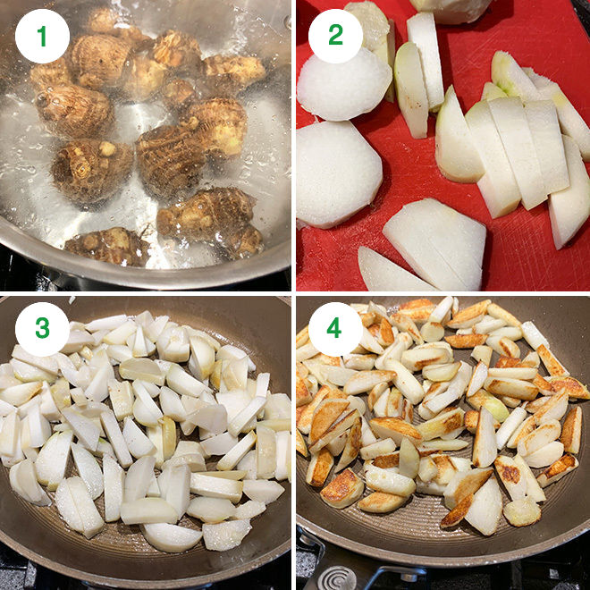 step by step picture collage of making arbi fry