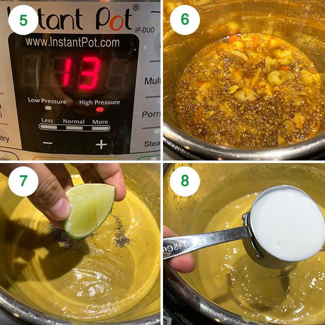 step by step pictures in a collage depicting how to make cauliflower lentil soup in instant pot