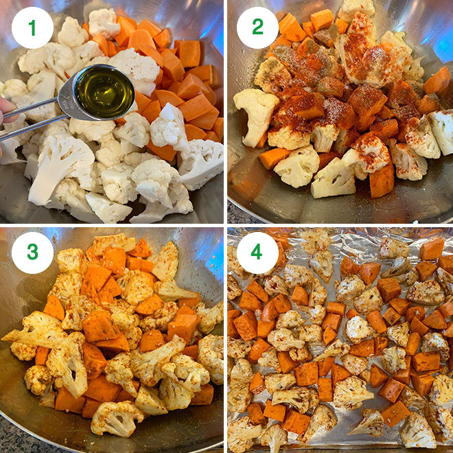 step by step picture collage of making cauliflower sweet potato salad