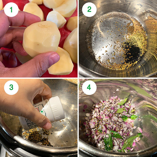 step by step picture collage of making achari aloo in the Instant Pot