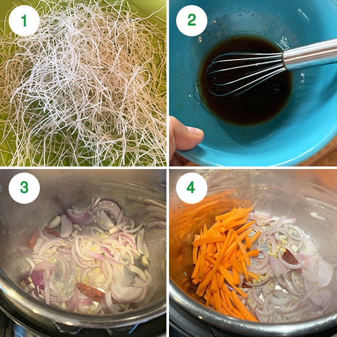 step by step picture collage of making singapore noodles in the instant pot