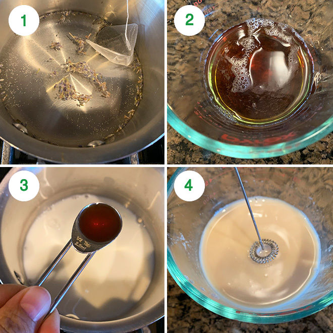 step by step picture collage of making london fog tea latte at home