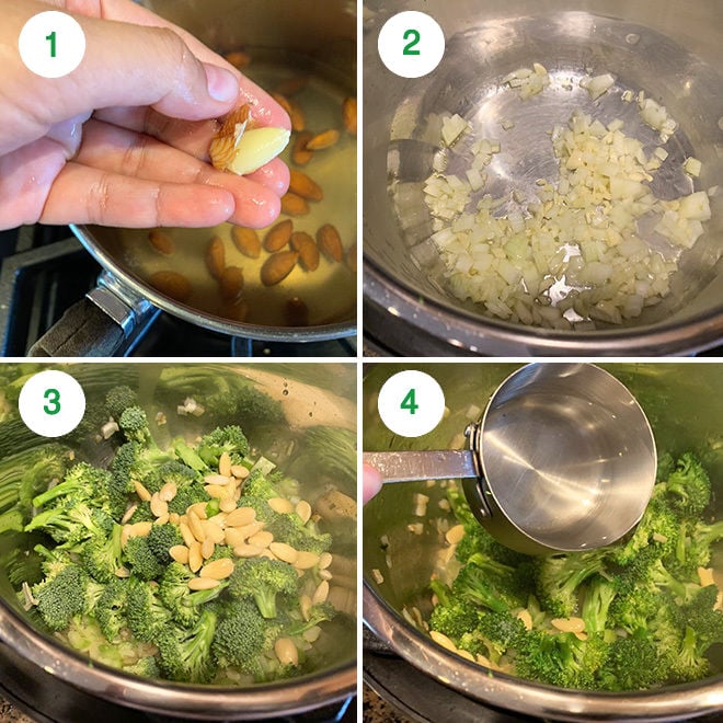 step by step picture collage of making broccoli almond soup in instant pot