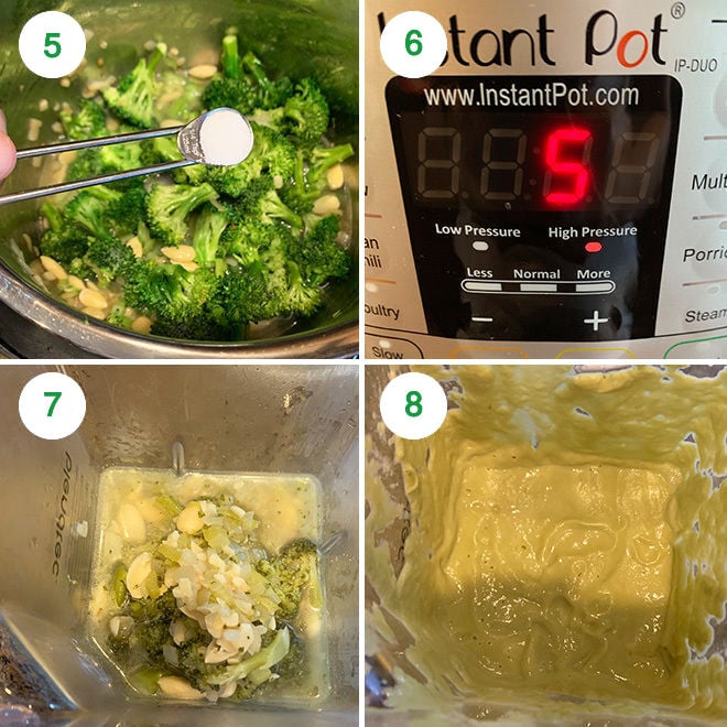 step by step picture collage of making broccoli almond soup in instant pot