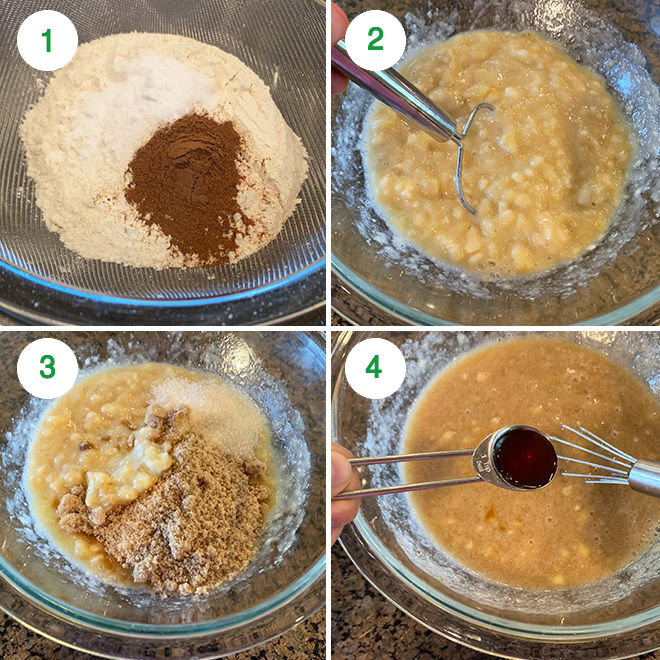 step by step picture collage of making vegan banana bread